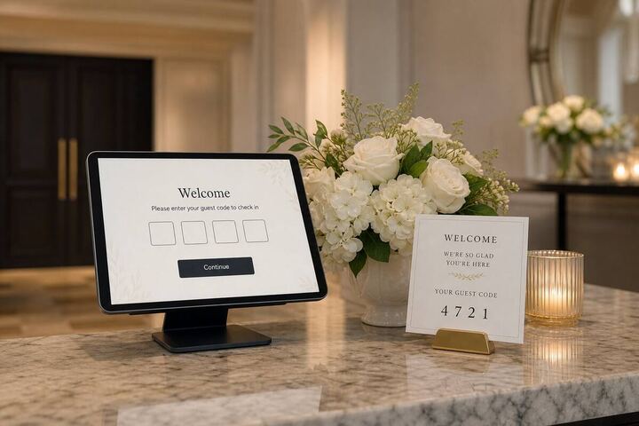 Guest desk tablet for entering a social event check-in code